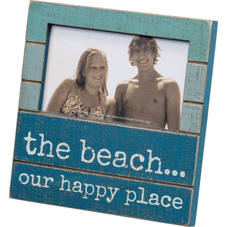 The Beach Our Happy Place Slat Photo Frame - Wood, Glass, Metal