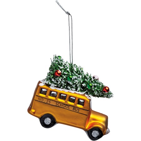 Glass School Bus Ornament - Glass, Bristle, Plastic, Glitter