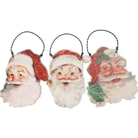 Santa Claus Ornament Set - Wood, Paper, Glitter, Wire