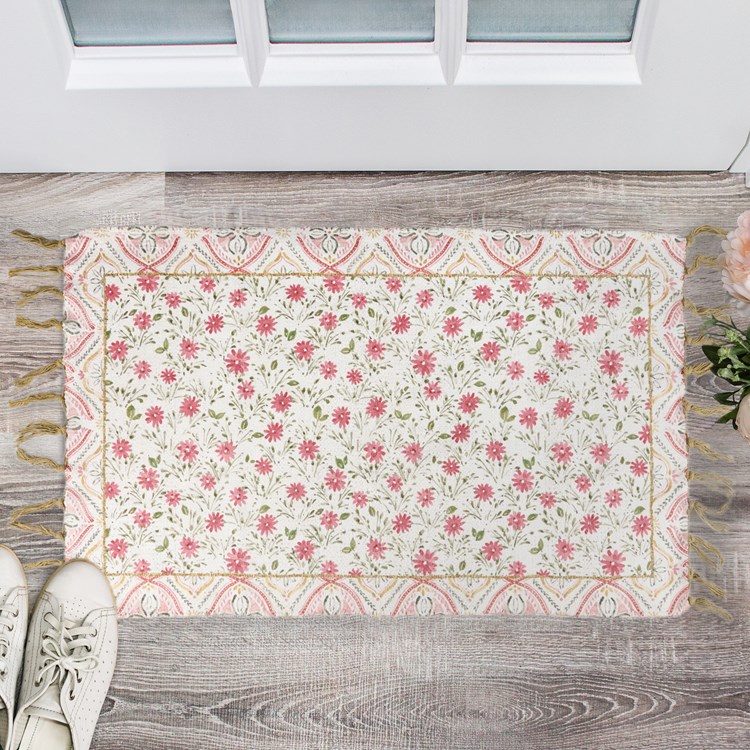 Pink Floral Rug - Cotton, Chenille, Latex Skid-resistant backing