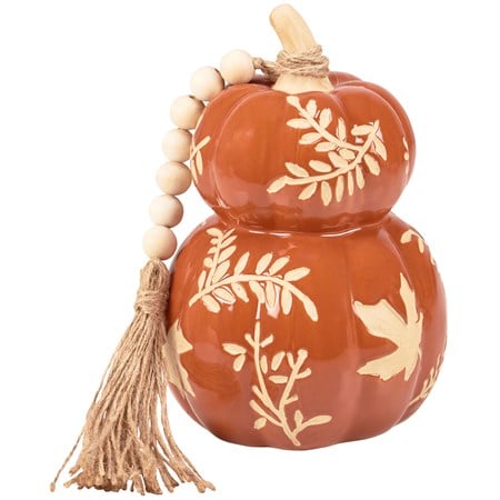 Orange Leaf Pumpkin Stack - Stoneware, Wood, Jute