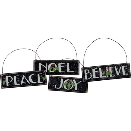 Peace Noel Joy Believe Ornament Set - Wood, Wire, Mica