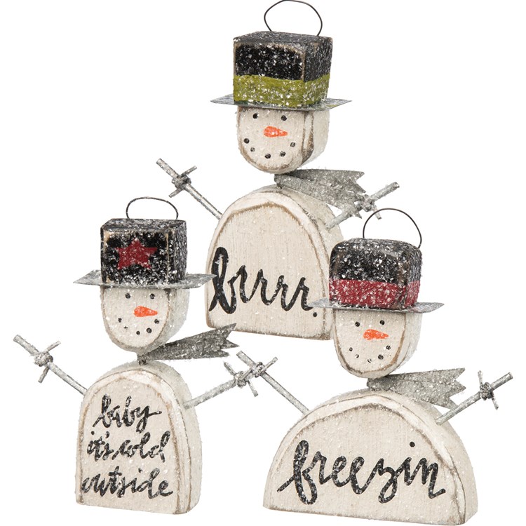 Snowmen Ornament Set - Wood, Metal, Wire, Mica