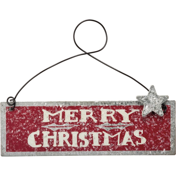 Merry Christmas Red Ornament - Metal, Wire, Mica, Glitter