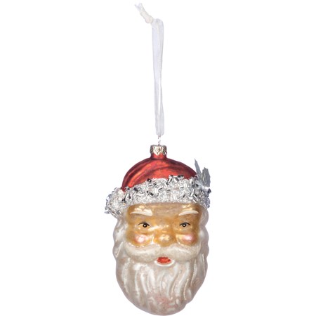 Glass Santa Face Ornament - Glass, Metal, Ribbon, Glitter