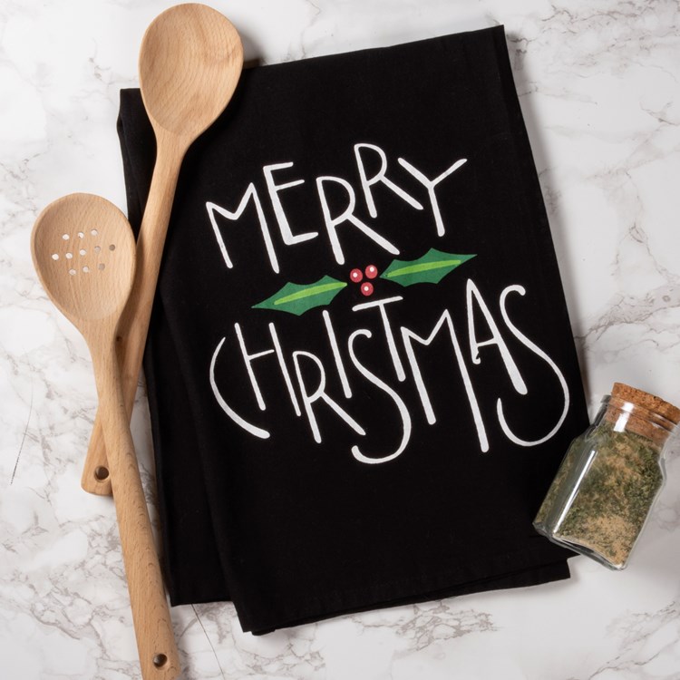 Black Merry Christmas Holly Kitchen Towel - Cotton